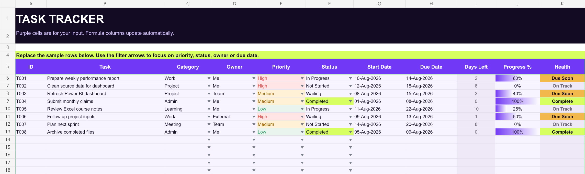 Task Tracker sheet with sample tasks, dropdowns, progress bars and health indicators
